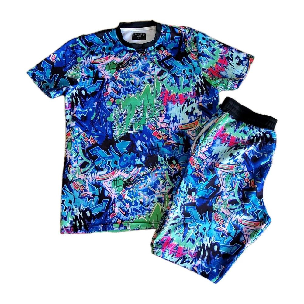 G-Net Mens Large Graffiti Short Set Overall Print Blue Green Pink